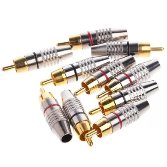 10 X Spinotti Rca Cavo Maschio Dorato Adattatori Accessorio Ottimo Audio Blocco