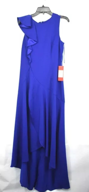 Carmen Marc Valvo Womens Cobalt Blue Infusion Ruffle Shoulder High Low Gown $395