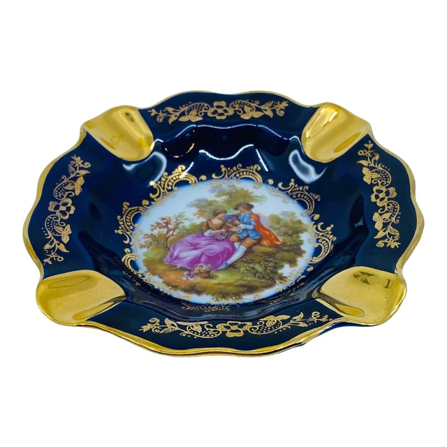 LIMOGES ASHTRAY PORCELAIN Scallop Edge Cobalt Blue Gold Courting Couple