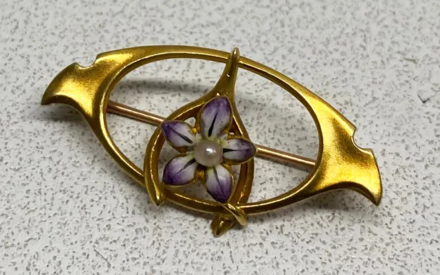 Antique Art Nouveau Edwardian 10K Gold Pearl Enamel Wishbone Flower Pin/Brooch