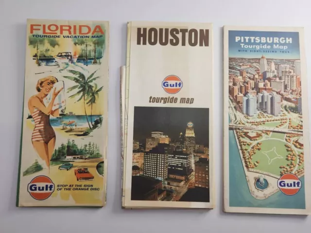 Vintage Gulf Gas Oil Maps 1960s Lot of 3 Florida Houston Pittsburgh-Used