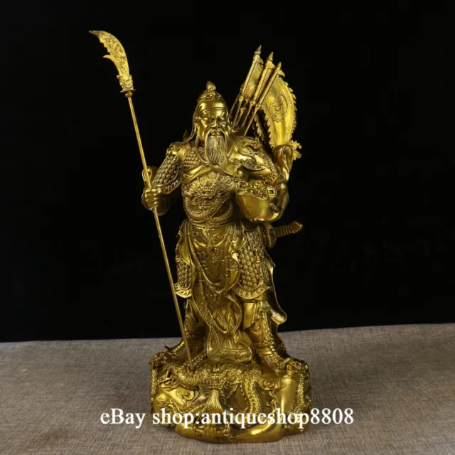 12"  Bronze Brass Nine Dragon Guan Gong Yu Yunchang Wealth God Warrior Statue