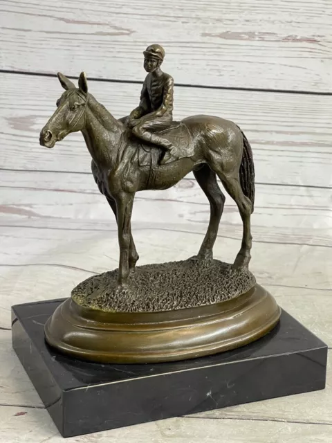 Hand Made Solid Bronze Equestrian Horse With Jockey On Walnut Base Rare Deal