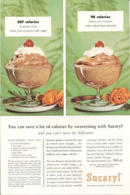 Sucaryl and Weight Watchers Prune Whip Save Calories 1957 Vintage Ad Sucaryl