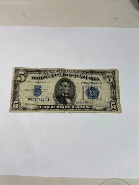 1934-C Five Dollar BLUE Seal Note Silver Certificate $5 Old US Bill