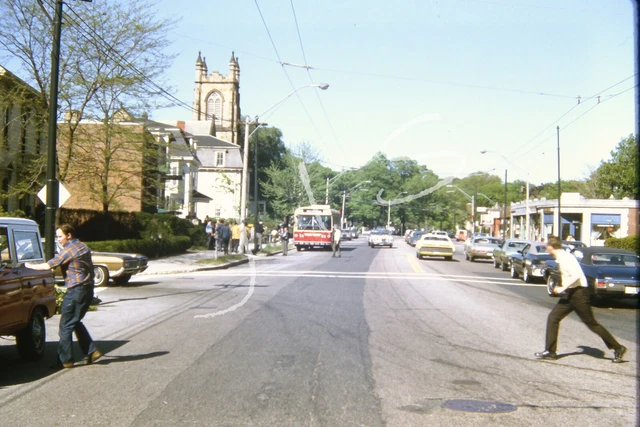 1971 Orig Slide Running to get Photo of Massachusetts Bay MBTA Trolley Bus 9213