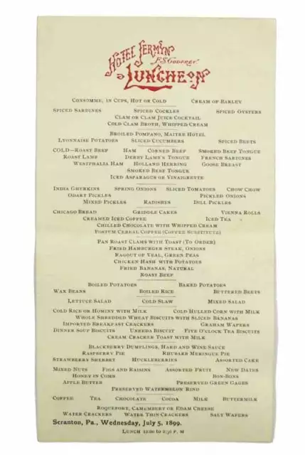 Lunch Menu / HOTEL JERMYN LUNCHEON F.S Godfrey Proprietor Scranton Pa Wednesday