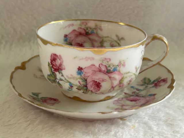 Antique Haviland & Co Limoges France Pink Roses Gold Trim Teacup & Saucer Lovely