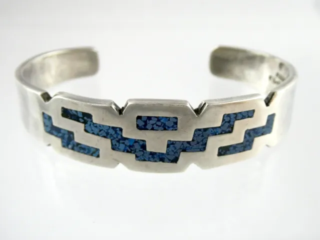 Designer Taxco Mexico Sterling Silver Crushed Lapis Enamel Cuff Bracelet 6.5 In