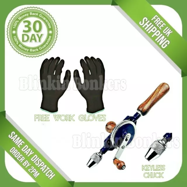 Manual Hand Held Drill Double Pinion Crank Wooden Handle Keyless Chuck Drilling