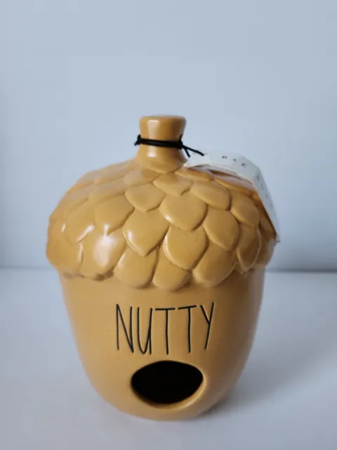 NWT Rae Dunn Canary Yellow Mustard NUTTY Acorn Bird House Black Type Font Shabby