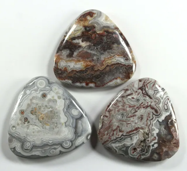 Three (3) Natural Crazy Lace Agate 40mm Triangle Drop Drill Focal Beads (226)