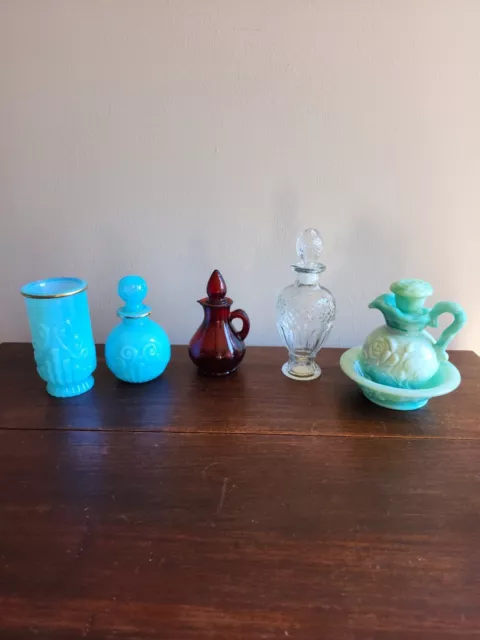 VTG Lot of 4 Avon Bottles & 1 Holder Jadite Milk Glass,Clear,Red,Opalescent Blue