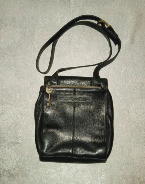 VTG FOSSIL 1954 Crossbody Shoulder Bag Handbag Purse Black Leather W/ Key 75082