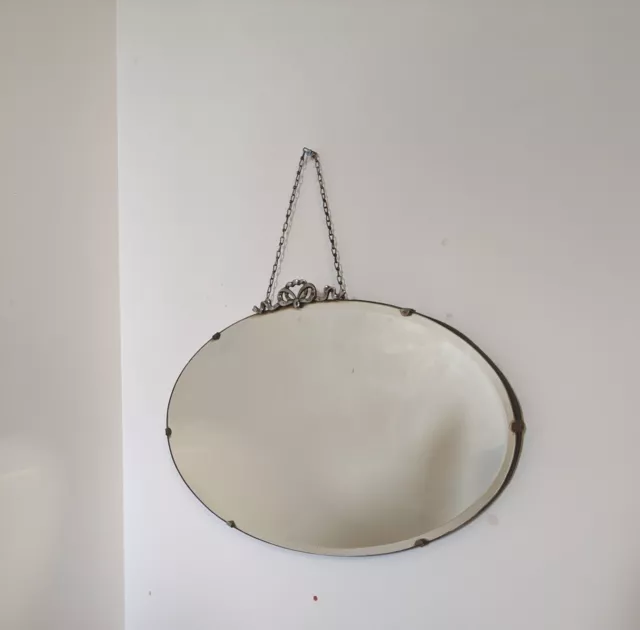 Vintage 50's/ Art Deco Oval Frameless Bevelled Mirror On Chain
