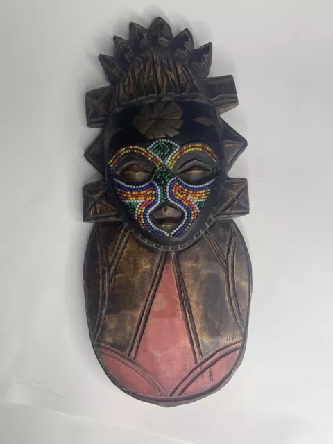 African Wooden Tribal Wall Art Mask Colorful Beads Handcrafted large GHANA