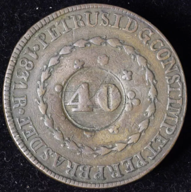 1835 BRAZIL 40 REIS COUNTERSTAMP ON 1831 R 80 REIS Pedro I