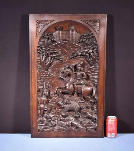 *27" Tall French Antique Walnut Wood Panel with Hunting Boar Scene