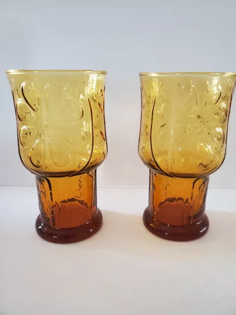 1970s Vintage Libbey Amber Country Garden Daisy Flower 6"  Glasses Set of 2
