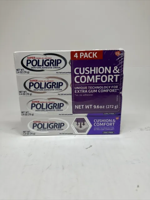 Crema adhesiva dental Super Poligrip cojín y comodidad de 2,4 onzas cada una, paquete de 4