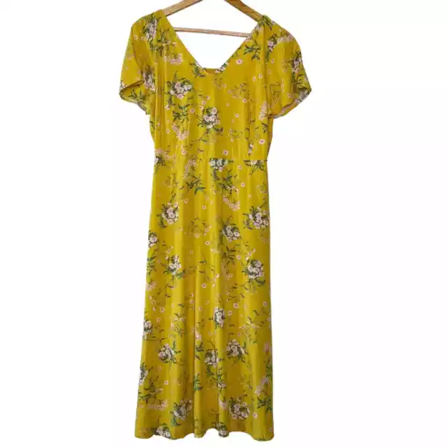 Old Navy Dress Womens Large Yellow Floral V-Neck Maxi Cottagecore Short Sleeve