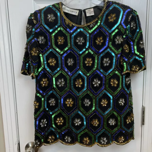 Night Vogue Womens Silk Blouse Size Medium Black Sequined Geometric Short Sleeve