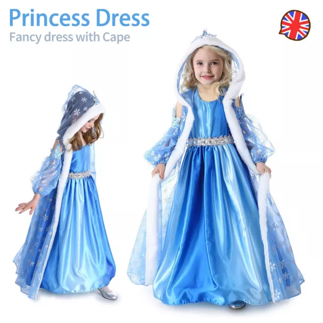 Girls Frozen Queen Elsa Fancy Dress Princess Party Cosplay Costume Cape Outfit