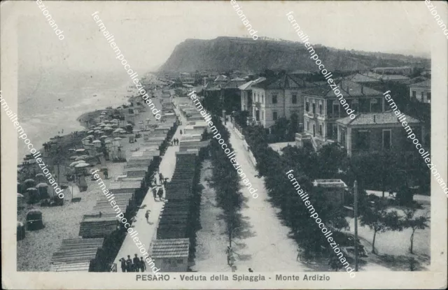 ba148 cartolina pesaro veduta della spiaggia monte ardizio 1928