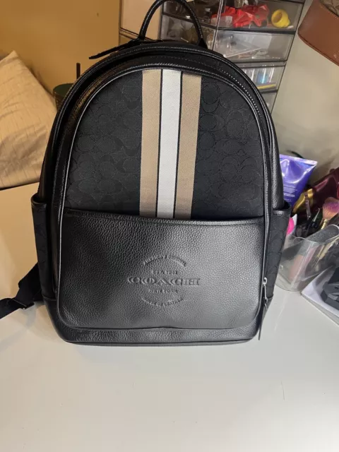 NWT Coach Thompson Backpack In Signature Jacquard Varsity Stripe Black.