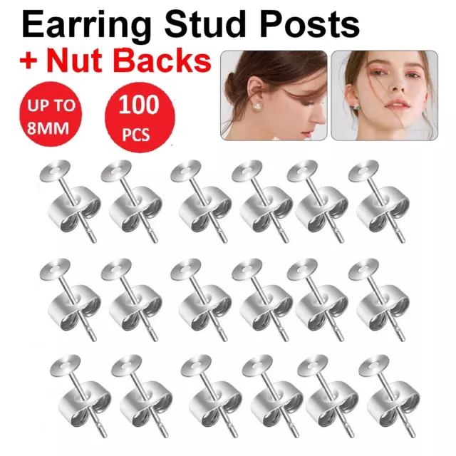 Earring Stud Posts Pads + Nut Backs Silvery Surgical Stainless Steel DIY Craft