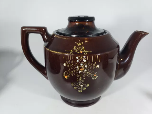 Vintage Japan Moriage Redware Brown Teapot Sugar Bowls Creamer Cups Handpainted 3