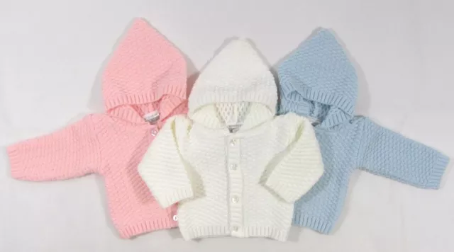Baby Button Up Hoodie Cardigan Knitted Pink White Blue NB 510 Babies Girls Boys