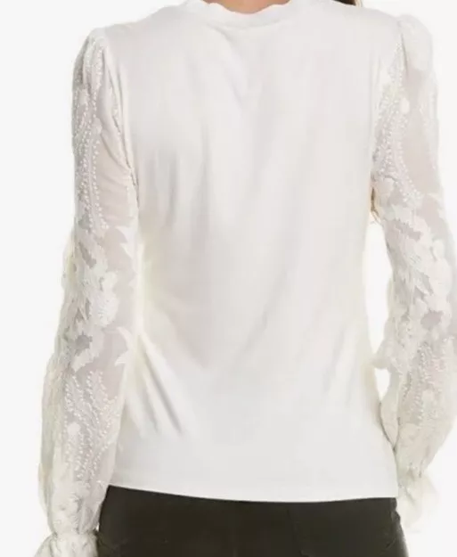 Elie Tahari MEDIUM Hamani Knit Lace Sleeve Crewneck Top 2