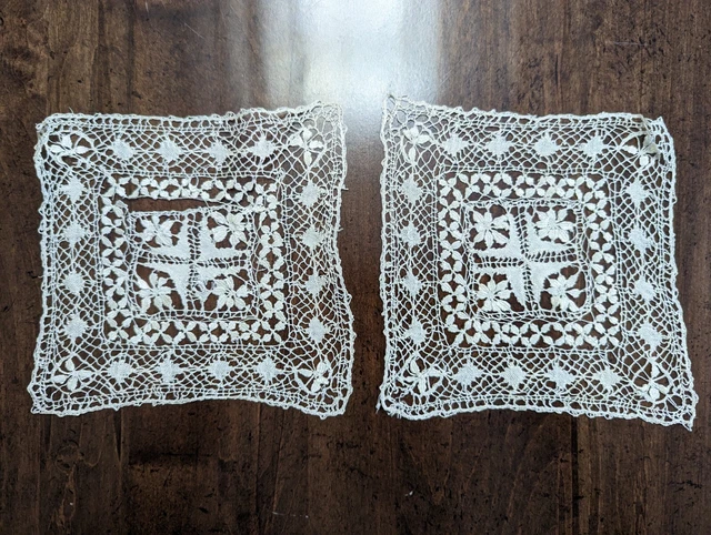 2 Antique Sq Maltese Lace APPLIQUES handmade w/very fine silk floss/Sm Crosses
