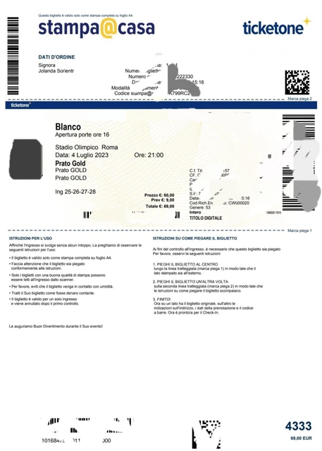 2 Biglietti Concerto Blanco Prato Gold  4/07/2023 Ore 21 Stadio Olimpico