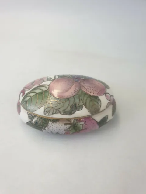 Chinese Toyo Porcelain Oblong Lidded Trinket Box Hand Painted Fruit Leaves Gold
