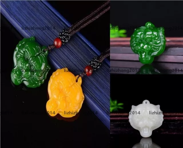 Natural Jade Pendant Jasper jewelry Amulet Tiger head White Green Yellow