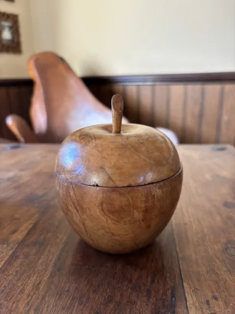 Wooden /wood Apple trinket small storage box / pot Desk Tidy vintage Treen