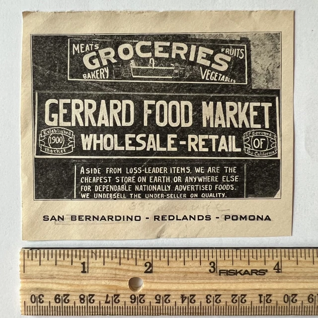 The Rarest Grosseries RARE GERRARD FOOD Market Groceries Ad Ephemera San Bernardino Redlands ...