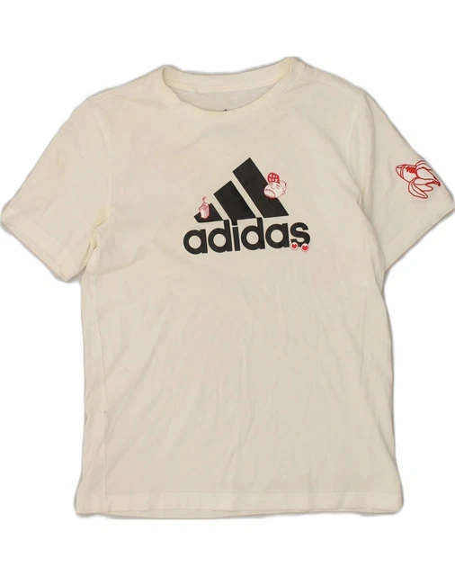ADIDAS Boys Graphic T-Shirt Top 11-12 Years Off White Cotton ZC04