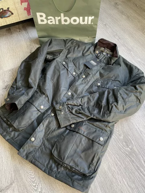 BARBOUR INTERNATIONAL DUKE WAX JACKET SAGE GREEN Size L MENS