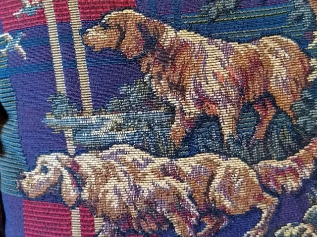 Tapestry Needlepoint Throw Pillow Retriever Hunting Dogs, Blue Burgundy Gold