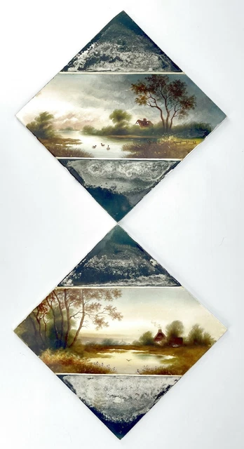 ANTIQUE / VINTAGE - 2 LARGE HAND PAINTED TILES - Signed & Numbered - 20cm x 20cm