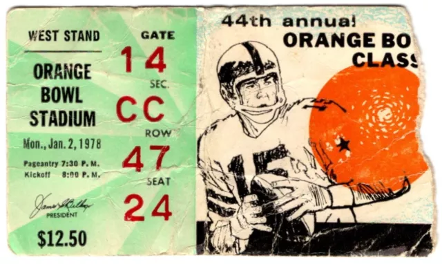 1978 ORANGE BOWL ticket stub ARKANSAS RAZORBACKS vs OKLAHOMA SOONERS 1/2/78