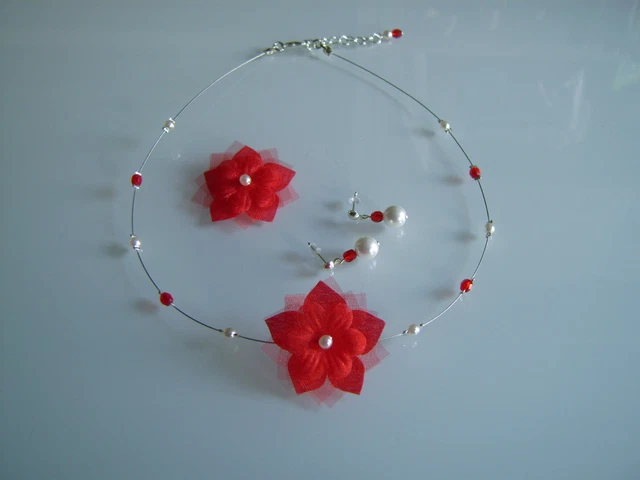 Collier Fantaisie Rouge Bordeaux Et Ivoire Pour Robe De Mariée Ou Mariage - Neuf