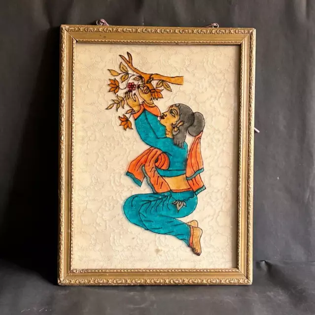 Vintage Ancien Revers Verre Main Peinture Indien Femme Avec Fin Cadre en Bois