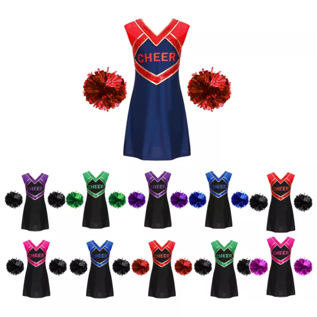 Girls Cheerleader Uniform Costume Outfit Dress Socks Match Pompoms