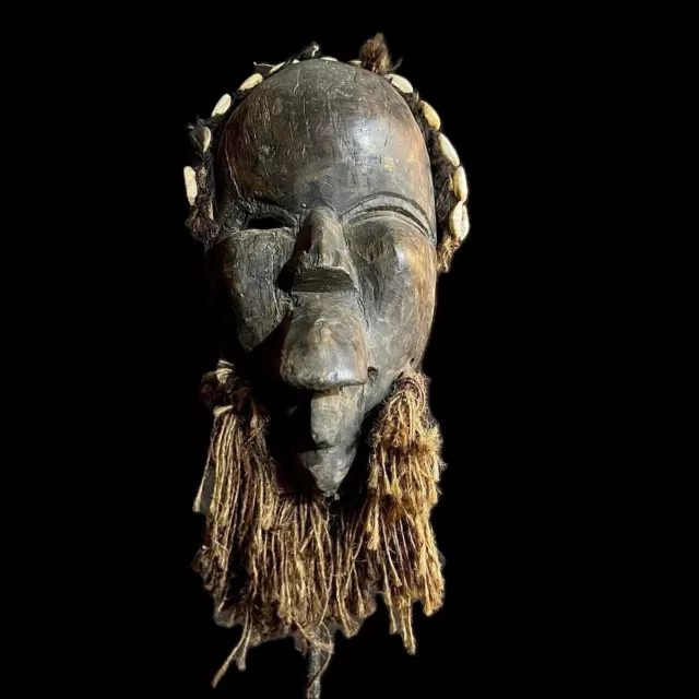 African Mask Antiques Tribal Face Vintage Wood Carved Hanging Dan Face -9603