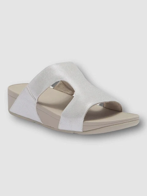 $118 FitFlop Women's Silver H-Bar Shimmer Lizard Slide Sandals Shoes Size US 8