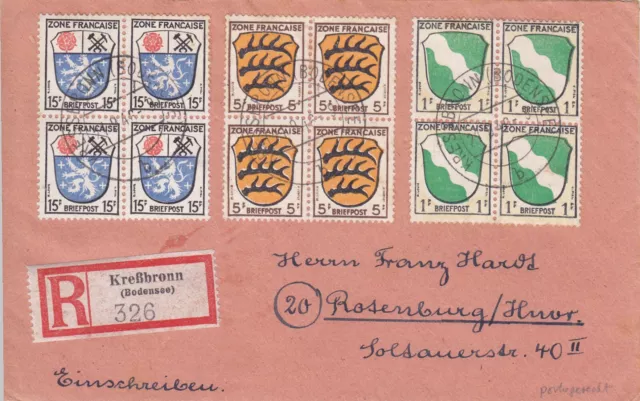 Französische Zone. portogerechter R-Brief mit 4er Blöcken,  Kreßbronn-Rotenburg